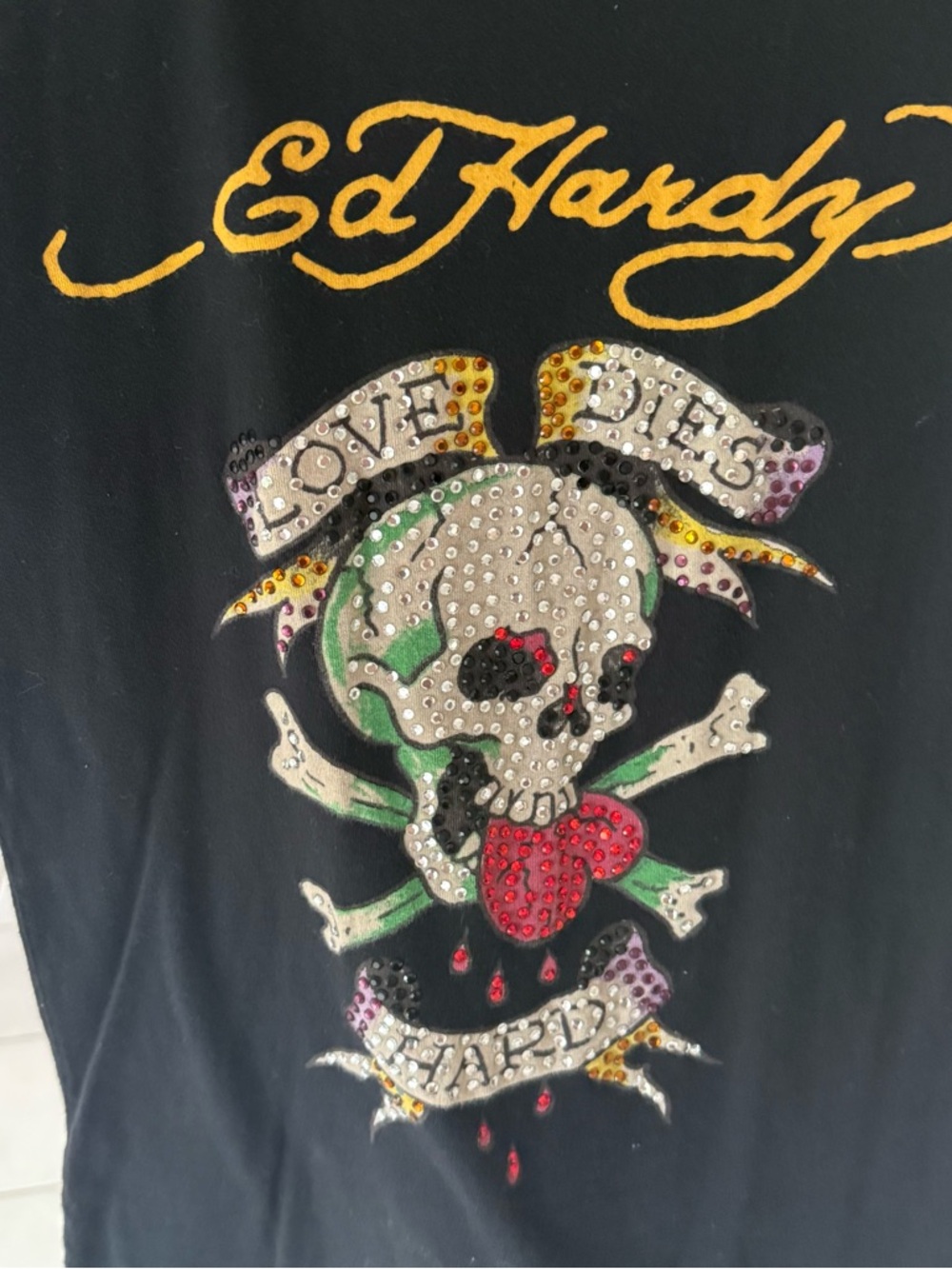 Ed Hardy Black Tee with Yellow Logo and Multicolor Rhinestone Skull